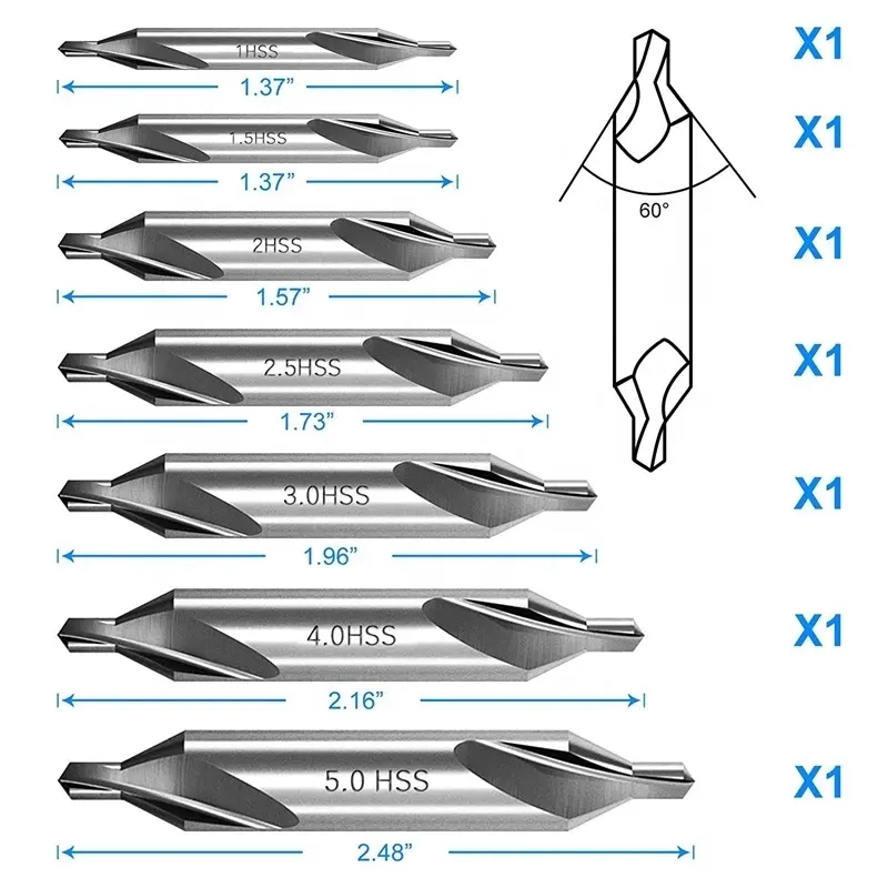 1 mm 1,5 mm 2 mm 3 mm 2,5 mm 4 mm 5 mm 6 mm Typ A Hss 6542 Mittelbohrer für Metall Bohrlöcher