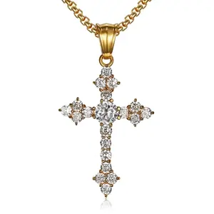 Custom Wholesale 18K Gold Plated Stainless Steel Cubic Zirconia Iced Out Necklace Simple Cross Pendant Jewelry For Girl