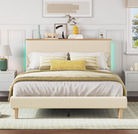 Lit intelligent Bestier avec tête de lit de rangement, éclairage LED, rembourré en velours côtelé beige, structure métallique assemblée, écologique, durable et confortable
