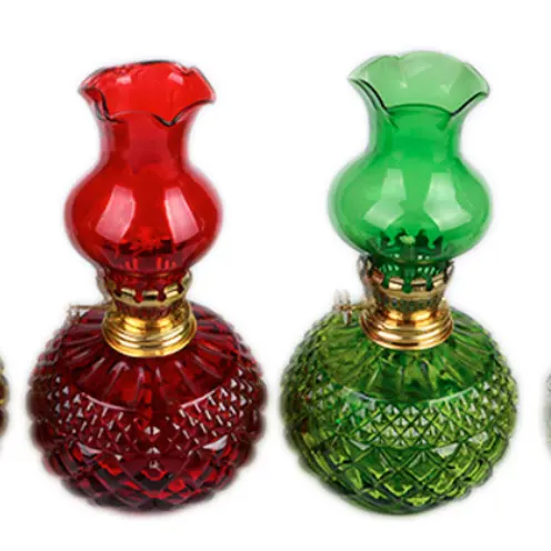 Lampe de bureau en verre, nouveau design, bouteille d'huile de 380ml avec cheminées et mèches, couleur rouge, vert, jaune, bleu, vente en gros