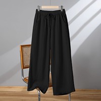Pantalon large en coton et lin pour femme, style japonais, taille haute, grande taille, avec cordon de serrage, coupe droite, décontracté