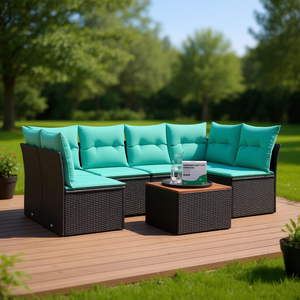 Ensemble de canapés de patio en polyrotin noir, 7 pièces avec coussins, meubles d'extérieur, style contemporain, design moderne - Product Image 2