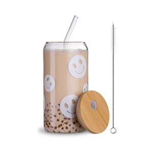 Vente en gros de canettes à bière en verre esthétiques de 16 oz avec couvercle en bambou et pailles, logo personnalisé pour les gobelets à café glacé et à thé - Product Image 1