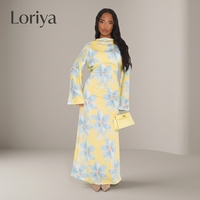 Nouvelle Abaya Loriya à imprimé floral aquarelle, col rond, manches longues évasées, robe longue modeste pour femmes musulmanes, idéale pour le quotidien et les fêtes
