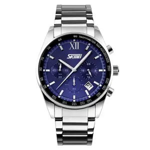 Skmei 9096 relógio de pulso de quartzo masculino, relógio para homens de aço inoxidável luxuoso personalizado