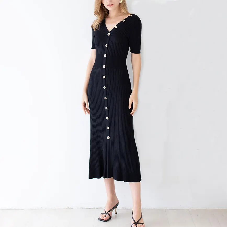 Oem Frauen Button Down Kurzarm Büro kleider Midi elegante französische Frauen schwarzes Kleid