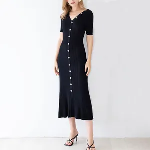 Oem women's button down short sleeve office dresses midi elegant french women black dress
