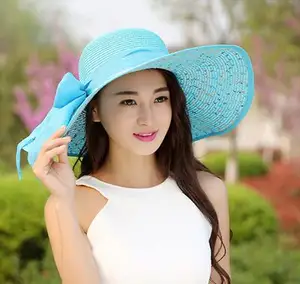 Chapéu de palha grande dobrável, chapéu feminino de palha larga para verão praia ajustável com laço
