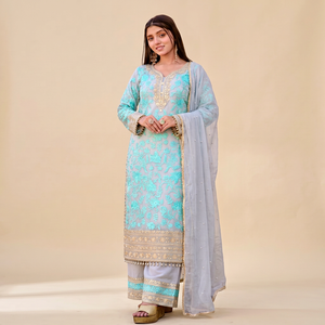 Conjunto Indio-Pakistaní Verde Menta Bordado, Kurta Larga, Palazzo y Dupatta, Ropa Formal Festiva - Product Image 1