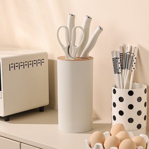 Ensemble de 5 couteaux ambidextres en acier inoxydable blanc crème, bloc cylindrique, couteau à trancher, Santoku, couteau à fruits, <span class=keywords><strong>ciseaux</strong></span> multi-usages - Product Image 3