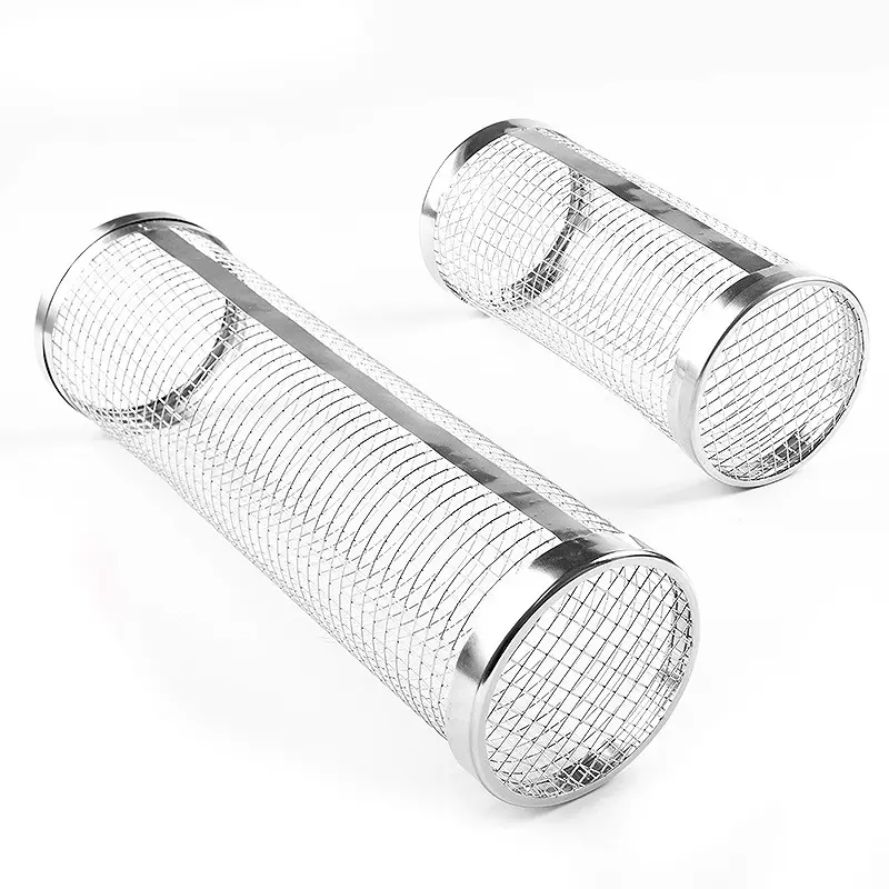 Barbecue Stainless Steel Metal Net Tube BBQ Cylinder Rolling Grilling Basket
