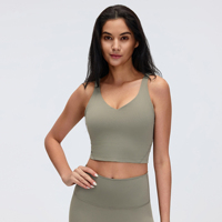Débardeur de sport pour femme, très élastique, respirant, simple, col en V, avec logo frontal, sans couture, dos push-up, pour yoga, pilates, fitness et gym
