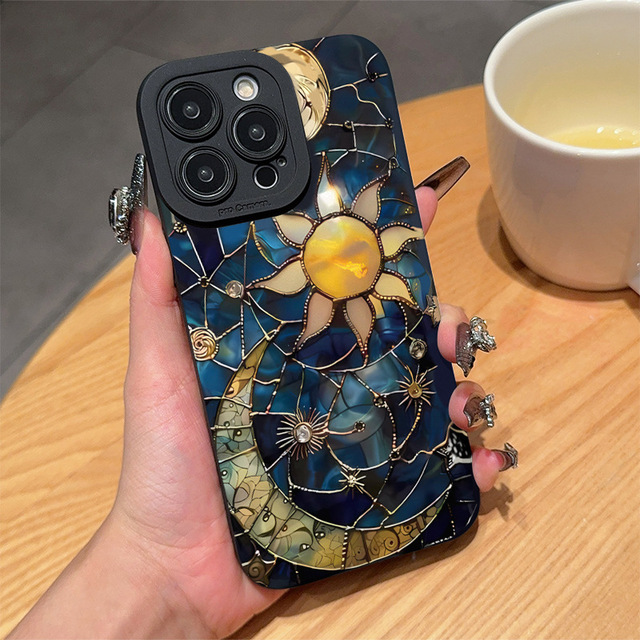 For iPhone 16 15 14 13 12 11 Pro/Max/Plus Shock-proof Rear Anti-fingerprint Back Cover Creative Sun&Moon Pattern Soft Phone case