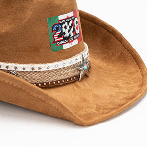 Chapeau de cowboy vintage en faux daim avec bande ornée d'étoiles, patch drapeau nord-américain, chapeau de cowboy western pour hommes et femmes - Product Image 5