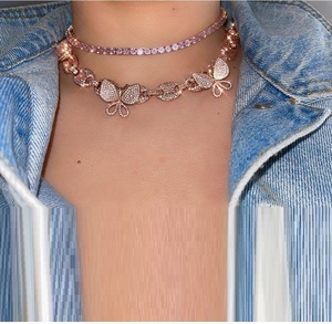 Collar de Cadena Cubana con Baño de Plata y Circonitas Blancas, Color <span class=keywords><strong>Rosa</strong></span> Café, con Colgante de Mariposa, para Mujer, Regalo de San Valentín - Product Image 3