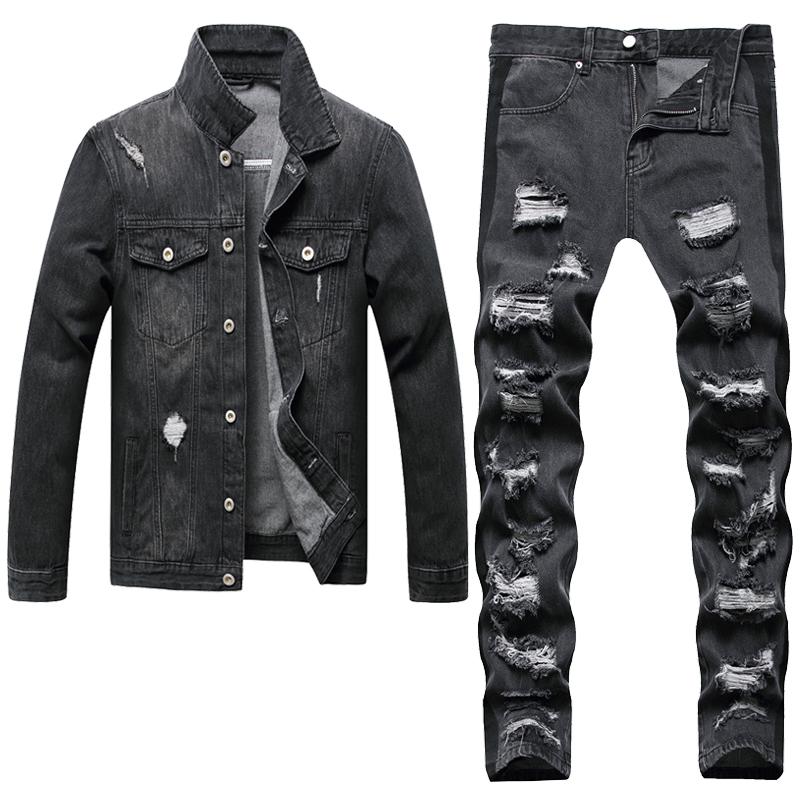 Black Tracksuits Ripped Casual Loose 2 Piece Men's Suits Long Sleeve Denim Jacket and Slim Jeans Two Piece Set