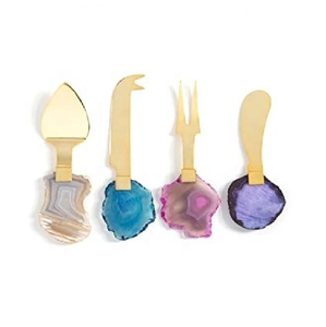 Juego de cuchillos de acero con mango de ágata, Color marrón claro - Product Image 2