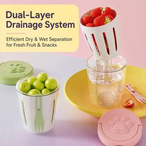 Gobelet à salade de fruits portable avec fourchette, couche de drainage, couvercle en plastique coloré motif patte mignonne pour le bureau, l'école, les pique-niques et les repas à emporter - Product Image 2