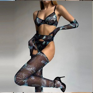 Conjunto de Lencería Sexy de 4 Piezas con Encaje y Tie Dye de King Mcgreen Star, Ropa Interior Erótica con Guantes Transparentes de Malla y Control Ligero - Product Image 2