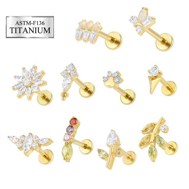 SUPERSTAR ASTM F136 Titanium Threadless Ends Flat Back Earring Labret Lip Stud Flower Leaf CZ Cartilage Body Piercing Jewelry