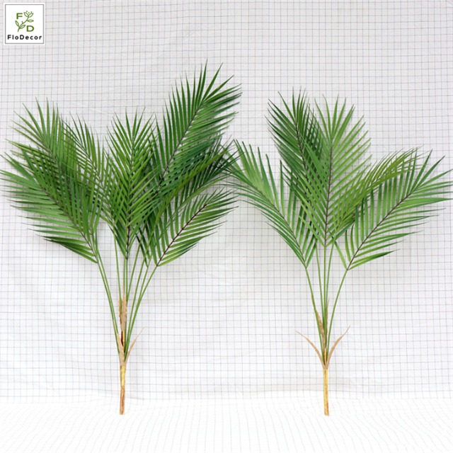 Hojas artificiales de palmera Tropical de alta calidad, hojas de plástico de tacto Real, decoración de boda, escenario, telón de fondo, hojas