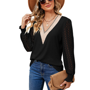 Wholesale of New V-neck Lace Elegant <strong>Blouse</strong> Plus Size Long Sleeved T-shirt Tops for Women - Product Image 4