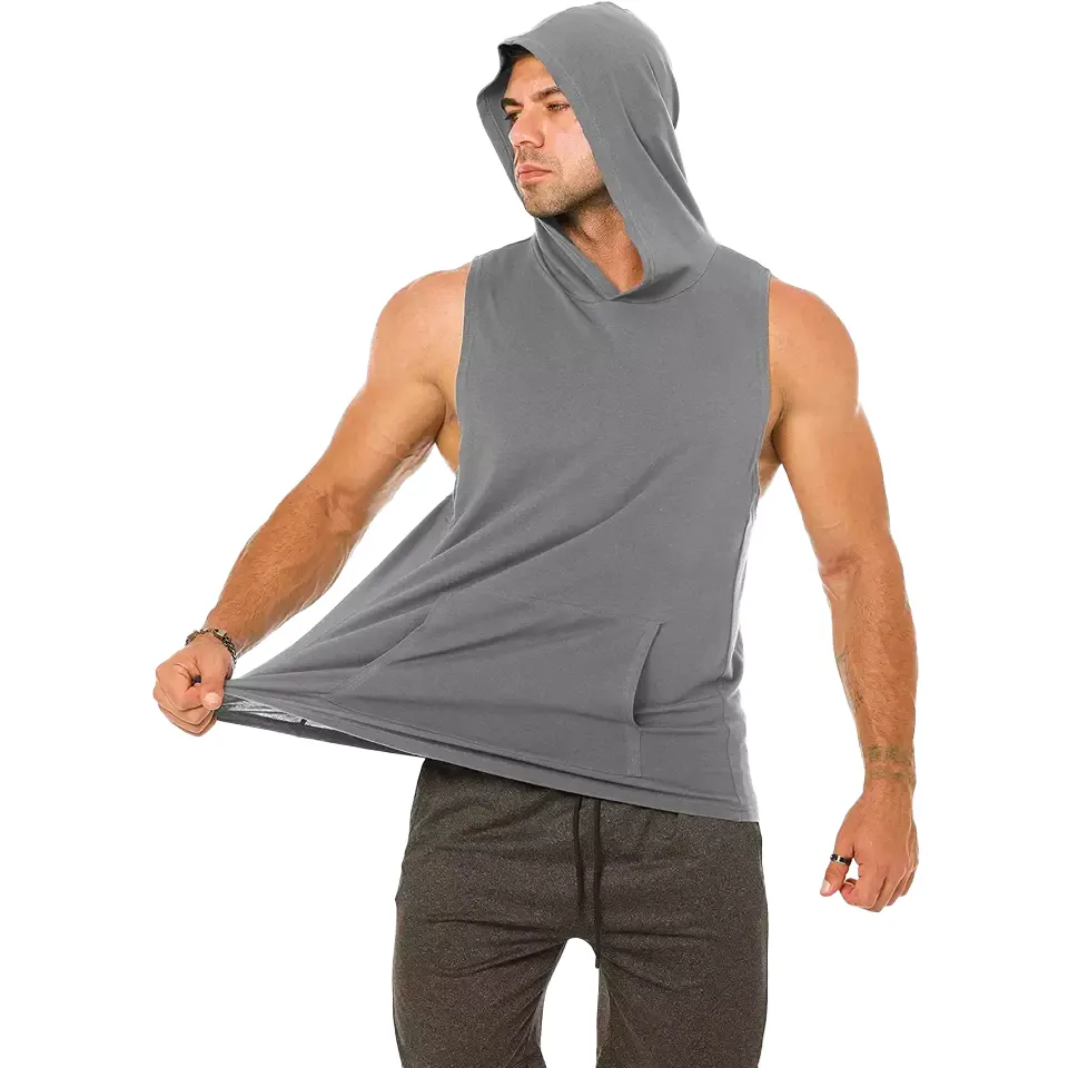 high quality bodybuilding custom print plain cotton muscle cut off t shirt sleeveless gym tanktop with hood for man hoodie men