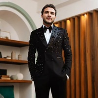 Smokings de mariage en cristal de luxe personnalisés, ensemble 1 pièce, veste à revers en pointe, costumes pour hommes, vêtements de marié perlés, costume de soirée formel