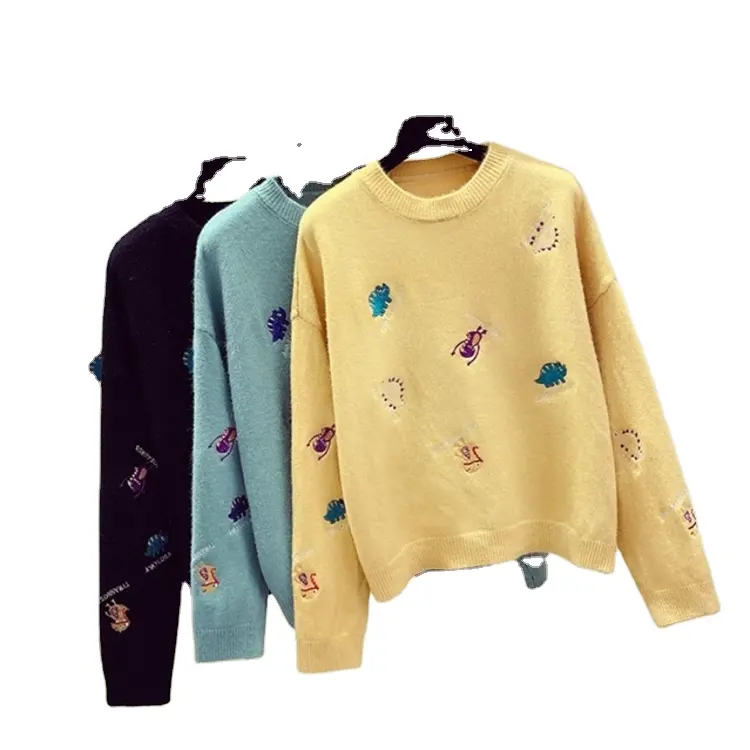 Wholesale women's sweater fashion temperament commuter round neck pullover knitted stitching sweater