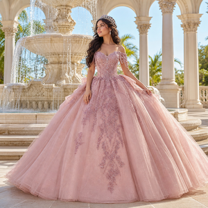 ชุดราตรีงาน Quinceanera แบบเปิดไหล่ประดับมุกสีถั่วแดงพร้อมพู่ห้อย รุ่น 1568 สไตล์โมเดิร์น - Product Image 1
