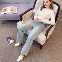 Jeans à jambes larges pour femmes, style chinois, broderie florale, denim délavé, taille haute, coupe ample, pantalon décontracté rétro