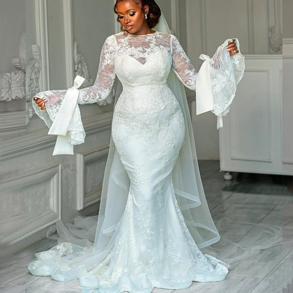 2025 Lace Mermaid Wedding Dresses for Bride O Neck Long Flare Sleeve Sweep Train Bow African Nigeria Bridal Gowns Customized| Alibaba.com 2025 Lace Mermaid Wedding Dresses for Bride O Neck Long Flare Sleeve Sweep Train Bow African Nigeria Bridal Gowns Customized| Alibaba.com