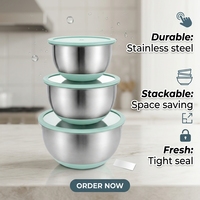 Ensemble de 3 bols à salade écologiques personnalisés pour la cuisine et la pâtisserie, 16/20/24 cm, en acier inoxydable avec couvercle transparent, compatibles lave-vaisselle