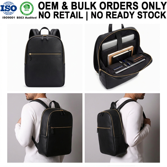 Custom Minimalist Men's Black Vegan Pu Leather Big Capacity Durable Rucksacks Commuting Backpack with Laptop Compartment
