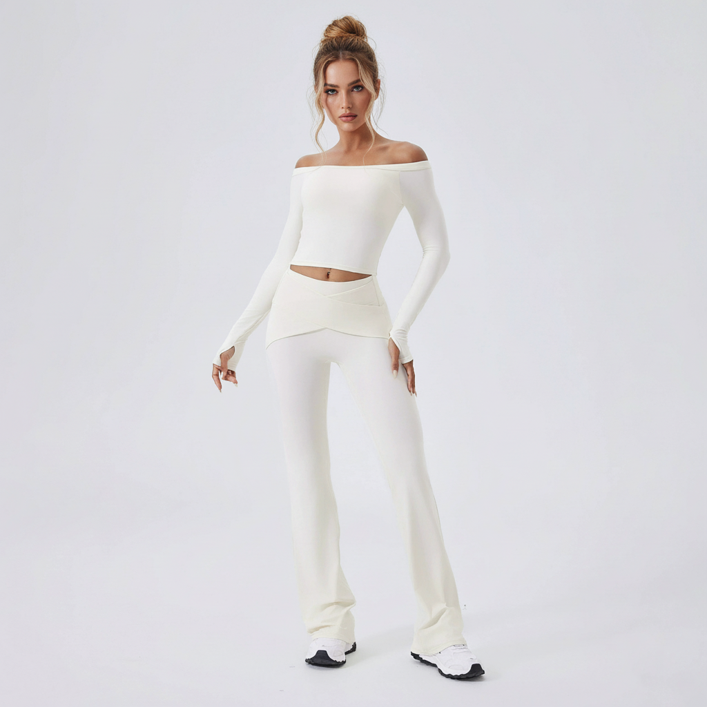Yoke Off-the-Shoulder Solid Long-Sleeve Sports Bra High-Waisted Breathable Quick-Dry Yoga Set Front Logo Running Fitness
