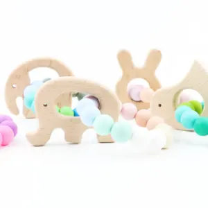 Baby Olifant Houten Tandjes Silicone Kralen Custom Bijtring Speelgoed