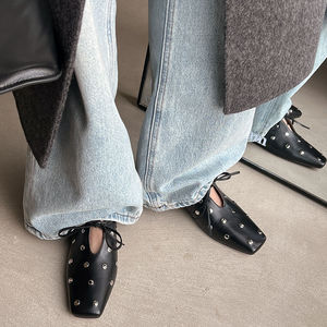 WETKISS Zapatos Casuales de Cuero Suave Estilo Coreano para Mujer, Zapatos Planos con Lazo y Tachuelas Metálicas, <span class=keywords><strong>Mocasines</strong></span> Planos con Punta Cuadrada - Product Image 5