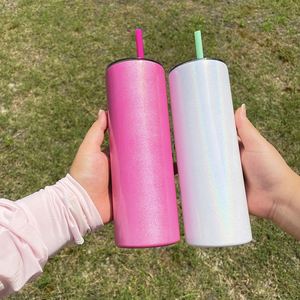 25PACK-USA Warehouse Blank Sublimation 20oz Holographic <b>Macaron</b> Shimmer Glitter Non-tapered Straight Tumbler With Colorful Straw - Product Image 3