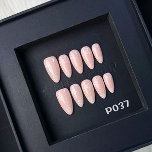 Nueva uña falsa de almendra brillante reutilizable 3D flor almendra Simple elegante <span class=keywords><strong>manicura</strong></span> 10 Uds blanco francés hecho a mano prensa en las uñas - Product Image 2