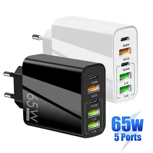 US/EU/UK Plug 65W Fast Charger PD20W+QC3.0 USB Quick Wall Charger 5Port Multiple Output Adapter Wall Charger For iPhone Samsung