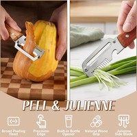 3-in-1 multifunctionele roestvrijstalen schilmes met houten handvat, groente- en fruitschiller, flesopener, keukengereedschap