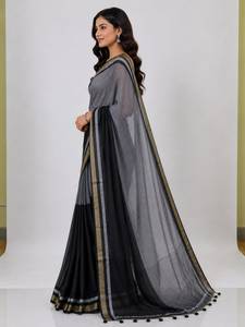 Sari de Algodón Gris y Negro de Diseño con Borde Tradicional con Patrón Zari, Tela de Algodón Suave y Ligera, y Caída Cómoda - Product Image 2