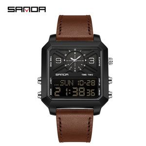 SANDA 6265 Montre électronique carrée à double affichage pour hommes, montre-bracelet étanche multifonctionnelle pour affaires et sports, chronographe, alarme - Product Image 1