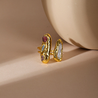 18K Vergoldeter Natürlicher Regenbogen-Turmalin & Barock-Perlen Verstellbarer Statement-Ring Breiter Ring Modeschmuck