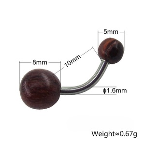 Piercing per Ombelico in Acciaio Inossidabile con Filettatura Esterna e Sfera in Legno, Gioielli per il Corpo - Product Image 4