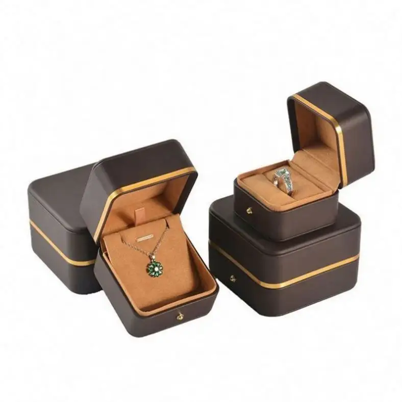 Bijoux en cuir pu vert rose boîte cadeau de bague blanc et or hauteur qualité bouton poussoir boîte à bague petits bijoux