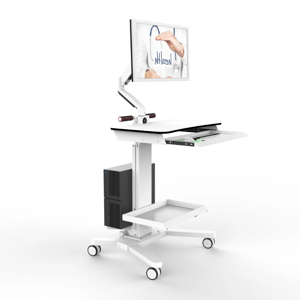 Tinggi Adjustable Mobile Workstation Laptop keranjang Monitor medis troli Rumah Sakit Klinik