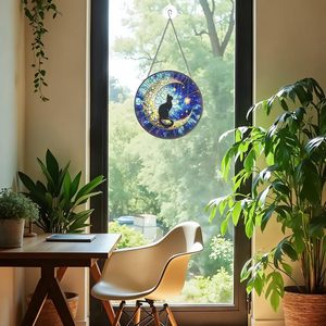 Acchiappasole in Vetro Colorato Gatto Nero di Mezzanotte sulla Luna, Decorazione Celeste da Appendere alla Finestra, Regalo Commemorativo per Proprietari di Gatti in Lutto - Product Image 5
