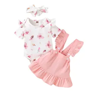 新生女婴服装套装花卉紧身衣连身衣上衣t恤吊带裙蝴蝶结头带套装鲁帕斯婴儿