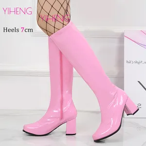 New ColorsLavender 60s 70s Gogo Boots 7cm Sexy Retro Party Cross Dressing Gothic Shoe Women Square Heel Knee-High Boots